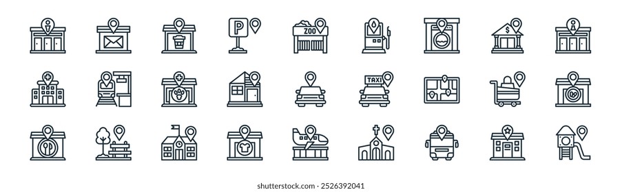 linear map and location icon pack. vector thin line police station, post office, coffee shop, bank, house, phary, airport, playground icons suitable for apps and websites ui designs