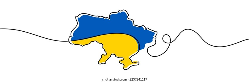 Linear map of Ukraine. One line vector illustration. Continuous country map. With Ukrainian flag colors