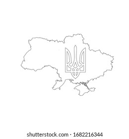 Linear Map of Ukraine with Tryzub. Ukrainian Coat of Arms, trident national symbol. Stock Vector illustration isolated on white background