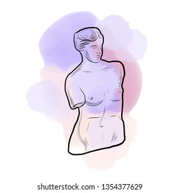 Linear marble statue of woman on watercolor shapes. 