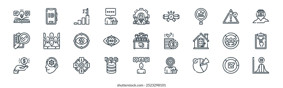 linear market research icon pack. vetor finalização de linha fina, dispositivo, objetivo, incidente, anúncios, usabilidade, experiência do usuário, ícones de margem adequados para aplicativos e sites