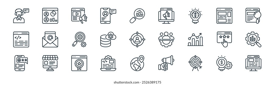 lineares Marketing und seo icon pack. Vektor dünne Linie Idee, Besucher, Online-Werbung, Blogging, Datenbank, seo, , Blog-Symbole geeignet für Apps und Websites ui Designs