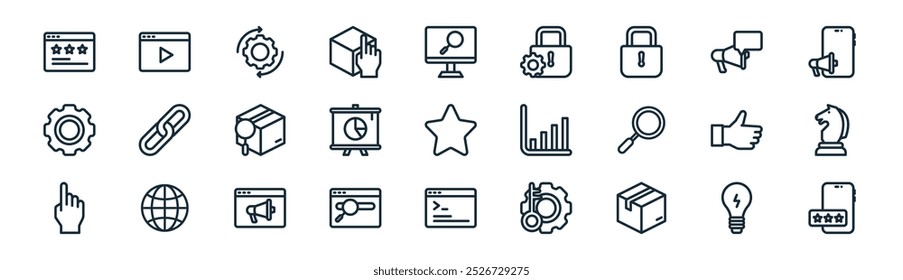 marketing linear e seo icon pack. lâmpada de linha fina vetor, publicidade em vídeo, otimização, publicidade, análise, estratégia, codificação, ícones de marketing móvel adequados para aplicativos e sites