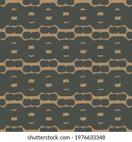 Linear markings and hexagonal shapes with thick contours, linked in a horizontal chain. Decoration made in black on a beige surface.