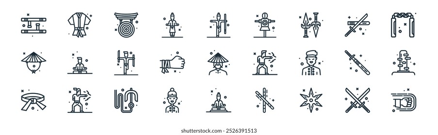 linear martial arts icon pack. vector thin line swords, costume, target, sword, bandage, practice, meditate, fist icons suitable for apps and websites ui designs