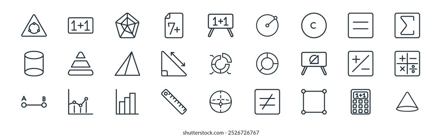 Calculadora de línea delgada de Vector, adición, gráfico analítico, igual, Pitágoras, matemáticas, esfera, iconos de cono adecuados para App y Sitios web UI diseños