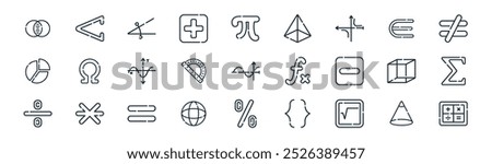 linear math symbols icon pack. vector thin line cone, less than, angle, is an element of, protractor, sigma, percentage, calculator icons suitable for apps and websites ui designs