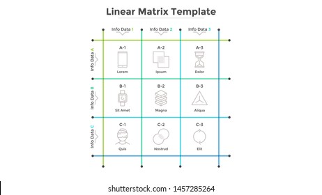 Linear matrix chart with 9 square cells with coordinates arranged in rows and columns. Table with nine options to choose. Infographic design template. Vector illustration for business presentation.