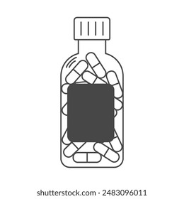 Linear medical bottle with capsules. Drug container full of pills