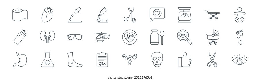 vetor linha fina tesoura, coração, conta-gotas química, maca, helicóptero médico, pé, útero, retina ícones adequados para aplicativos e sites projetos de iu