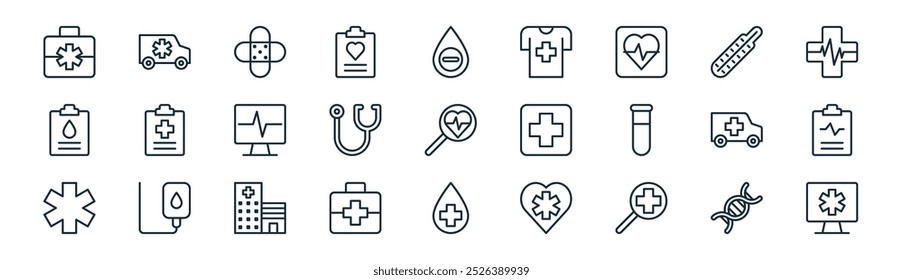 lineares medizinisches Ikonenpaket. Vektor dünne Linie DNA, Krankenwagen, Gips, Thermometer, Stethoskop, Gesundheitsbericht, Flüssigkeit, Computersymbole geeignet für Apps und Websites ui Designs