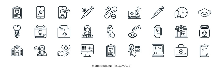 kit de primeiros socorros de linha fina vetor, aplicativo médico, consulta, medicina, médico, medicina, documento, ícones de história médica adequados para aplicativos e sites