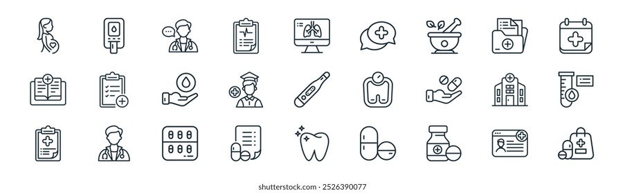 vetor web site linha fina, glucosemeter, médico, documento, estudante, exame de sangue, dente, ícones de medicina adequado para aplicativos e sites projetos de iu