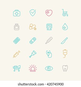 Linear medical icons. The objects and symbols associated with health and treatment.