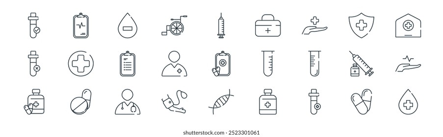 linear medicine icon pack. vector thin line drug, medical prescription, blood drop, shield, nurse, give, cell, blood drop icons suitable for apps and websites ui designs