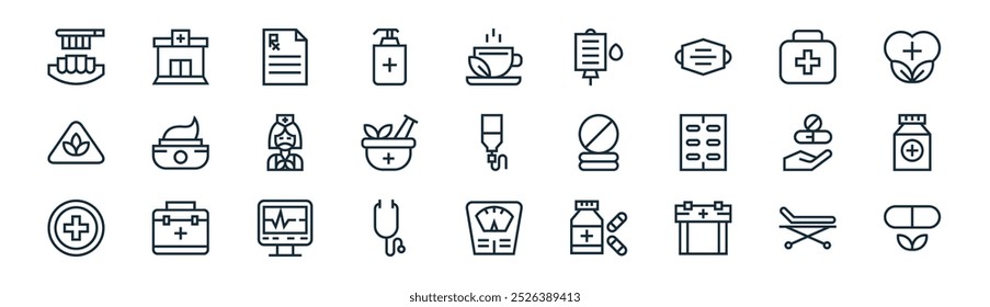 linear medicine icon pack. vector thin line gurney, clinic, medical prescription, first aid kit, mortar, capsule, weighing hine, capsule icons suitable for apps and websites ui designs