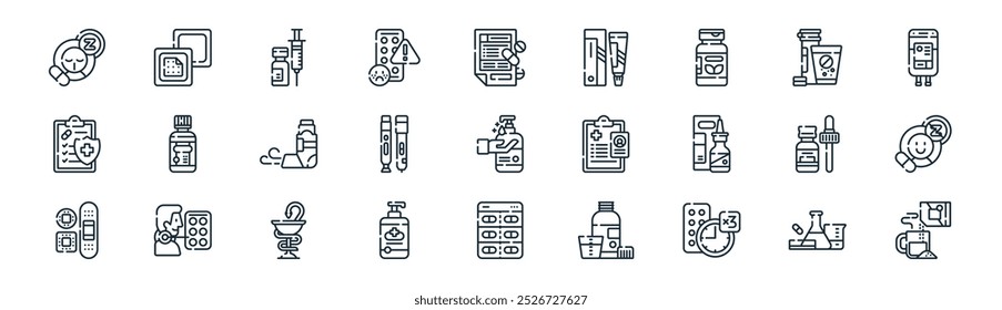 linear medicine icon pack. vector thin line laboratory, patches, injection, tablet, injection, non drowsy medicine, capsules, powder icons suitable for apps and websites ui designs