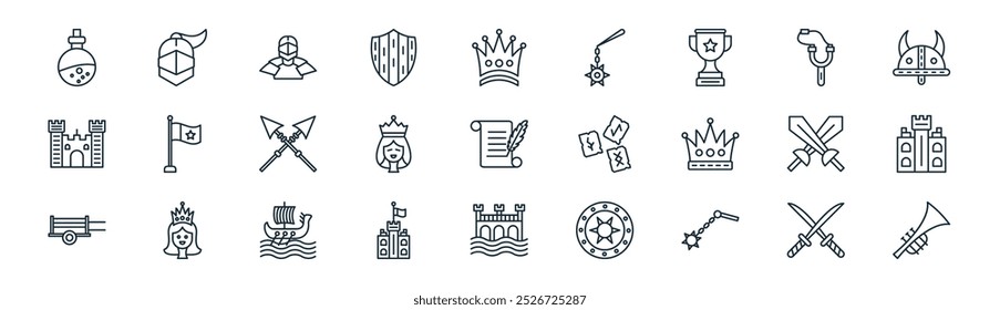 linear medieval icon pack. vector thin line rapier, helmet, knight, catapult, queen, castle tower, water bridge, et icons suitable for apps and websites ui designs