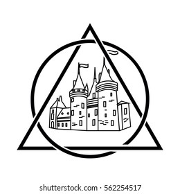 Linear medieval kingdom icon, castle silhouette isolated in circle and triangle on white background. Vector illustration. 