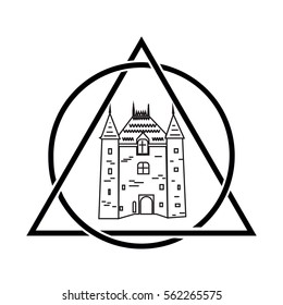 Linear medieval kingdom icon, castle silhouette isolated in circle and triangle on white background. Vector illustration. 