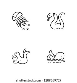 Linear Medusa, Seal, Eel, Whale Vector Illustration Of 4 outline Icons. Editable Pack Of Medusa, Seal, Eel, Whale