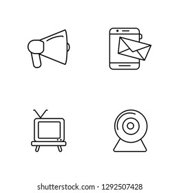 Linear Megaphone, Television, Email, WebCam Vector Illustration Of 4 outline Icons. Editable Pack Of Megaphone, Television, Email, WebCam