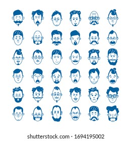 Hombres lineales, con barbas y bigotes con gafas y calva. Concepto de personaje avatar y emoji. Iconos azules en línea plana