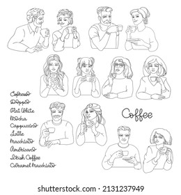 Linear men and women with a cup of coffee. Vector.