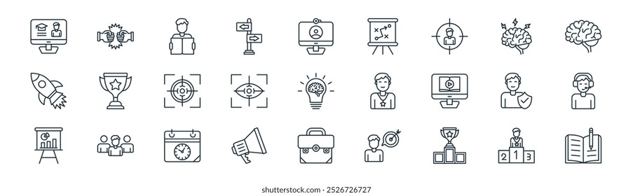 linear mentoring and training icon pack. vector thin line success, struggle, learning, brainstorm, focus, customer service, job, homework icons suitable for apps and websites ui designs