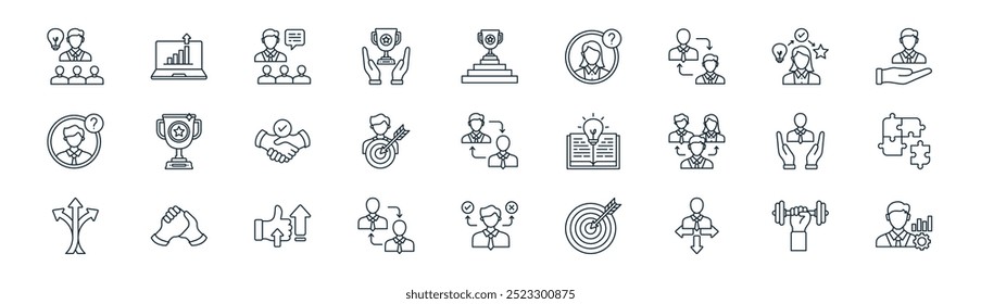 linear mentoring and trining icon pack. vector thin line training, growth, boss, experience, purpose, puzzle, decision making, consultant icons suitable for apps and websites ui designs