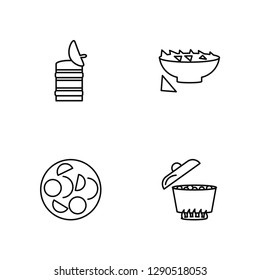 Linear Mermelade Tin, Pita Bread, Nachos Plate, Boiling Water Pan Vector Illustration Of 4 outline Icons. Editable Pack Of Mermelade Tin, Pita Bread, Nachos Plate, Boiling Water Pan