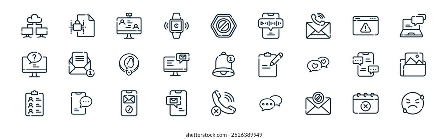 linear messages icon pack. vector thin line cross mark, data encryption, video call, alert, inbox, image, missed call, emoji icons suitable for apps and websites ui designs