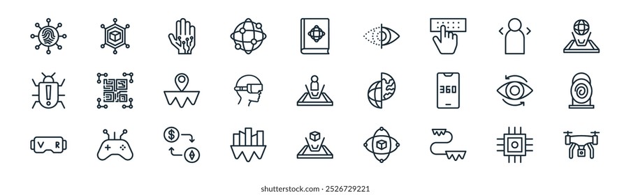 linear metaverse icon pack. vector thin line compute, blockchain, controller, character, metaverse, portal, augmented, drone icons suitable for apps and websites ui designs