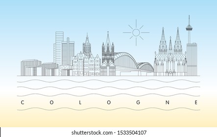 Linear minimal Cologne (Köln) skyline vector illustration and typography design, Germany