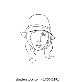 Linear minimal hand drawn woman portrait un hat. Fashionable head accessory. Minimal linear trendy girl in hat. Continuous line. fashion and beauty. 