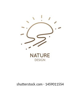 Linear Minimal Logo Landscape In Trendy Style. Mountain, Sun And Lake. Vector Doodle Illustration. Simple Emblem, Badge For Travel, Alternative Medicine, Ecology Concept, Holistic, Spa, Health, Yoga