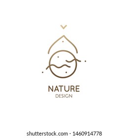 Linear minimal logo landscape in trendy style. Mountain, sun and lake. Vector doodle illustration. Simple emblem, badge for travel, alternative medicine, ecology concept, holistic, spa, health, yoga