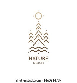 Linear minimal logo landscape in trendy style. Mountain,tree, sun and river. Vector doodle illustration. Pattern emblem, badge for travel, alternative medicine, ecology, holistic, spa, health, yoga