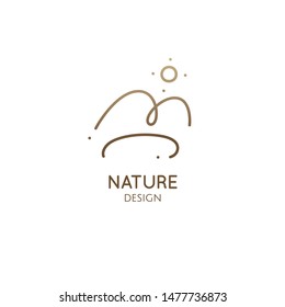 Linear minimal logo landscape in trendy style. Mountain, sun and lake. Vector doodle illustration. Simple emblem, badge for travel, alternative medicine, ecology concept, holistic, spa, health, yoga