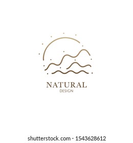 Linear minimal logo landscape in trendy style. Mountain, sun and sea. Vector doodle illustration. Simple emblem, badge for travel, alternative medicine, ecology concept, holistic, spa, health, yoga