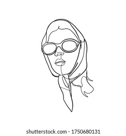 Linear minimal portrait glamour woman in sunglasses and scarf on her head. Silk shawl. Head accessory. Linear glamour logo in minimal design. Beauty and fashion. Logo for glasses and hats shop.