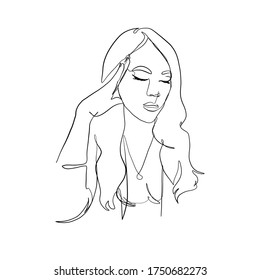 Linear Minimal Portrait Glamour Woman With Pensive Sad Facial Expression. Continuous Line. Linear Glamour Logo In Minimal. 