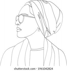 Linear minimal portrait glamour woman in sunglasses and scarf on her head. Silk shawl. Head accessory. Linear glamour logo in minimal design. Beauty and fashion. Logo for glasses and hats shop.