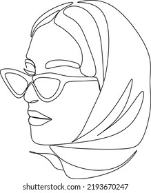 Lineal glamour de retrato mínimo mujer con gafas de sol y bufanda en la cabeza. El chal de seda. Accesorio de cabeza. Logo de glamour lineal en diseño mínimo. Belleza y moda. Logo de la tienda de gafas y sombreros.