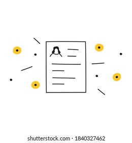 Linear minimal resume icon with a head of a job seeker on the CV blank. User review, vacant position. Line clean vector illustration on white.