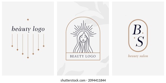 Linear minimal style logo set template with beautiful esoteric feminine siuet and with letters B and S. Skin care, beauty salon, organic cosmetics, prints and cards.