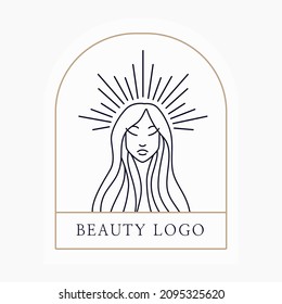 Linear minimal style logo set template with beautiful esoteric feminine siuet. Skin care, beauty salon, organic cosmetics, prints and cards.