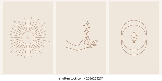 Linear minimal style logos set template with sun, moon, cristal and hand. Celestial and magical geometric abstract print.