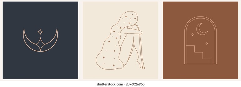 Linear minimal style logos set template with beautiful esoteric women silhouette and moon. Hair salon, beauty shop, organic cosmetics, spa.