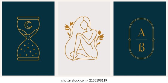 Linear minimal style logos set template with beautiful esoteric women silhouette, monogram and hourglass. Hair salon, beauty shop, organic cosmetics, spa.